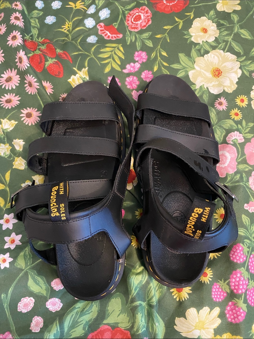 Dr. Martens Black Leather Multi-Strap Sandals with Yellow Stitching